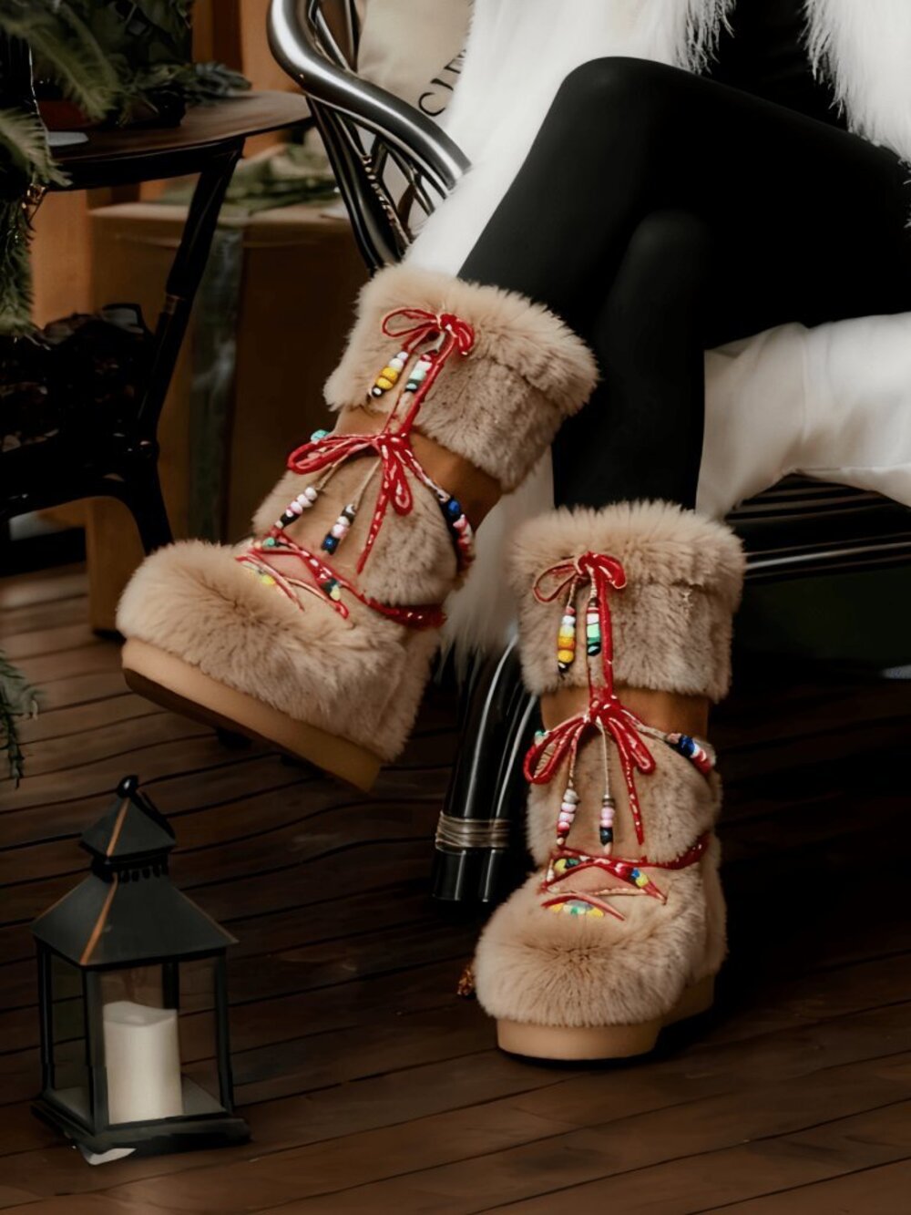 Camel Casual Women's Faux Fur Boots Round Toe Snow Boots With Lace-Up Straps